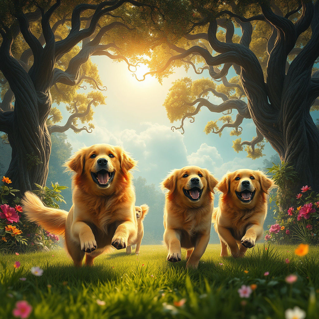 Golden Retrievers in Enchanted Forest: Digital Art