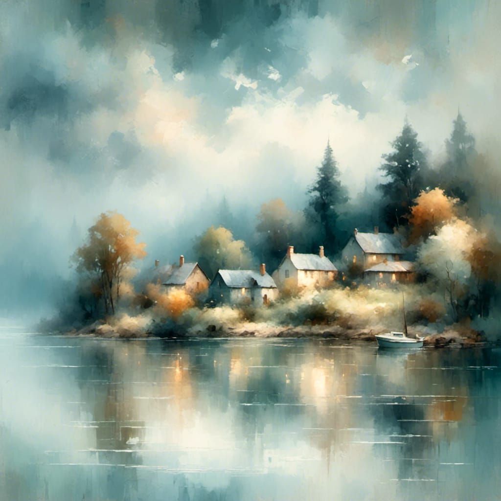 Misty Coastal Village in Impressionist Style