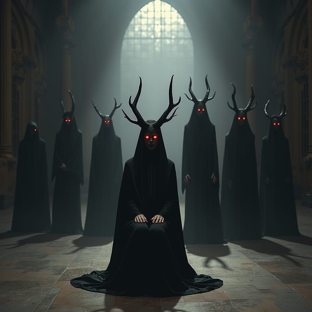 Gothic Hall: Spectral Demons Encircling Solitary Figure