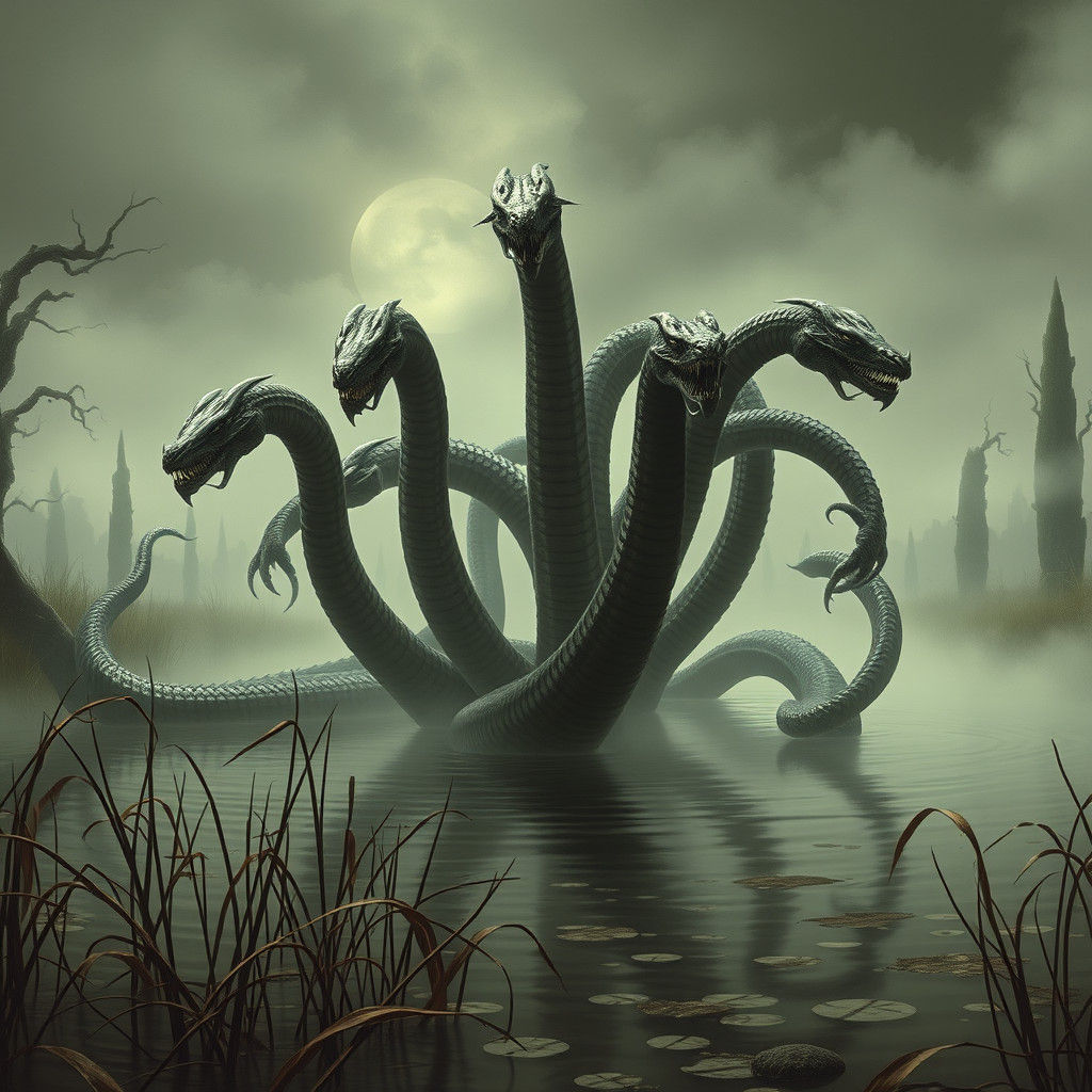 Nine-Headed Hydra Emerges from Misty Marshland