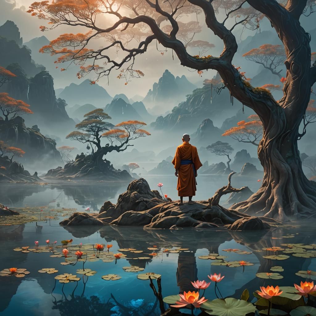 Mystical Monk at Misty Lake: Fantasy Concept Art