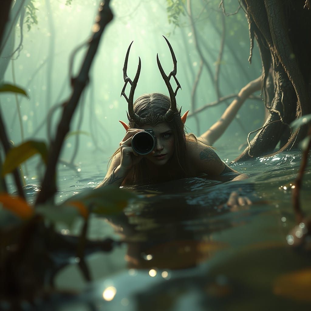 Mysterious Water Nymph Spying on Humans in a Vibrant Swamp