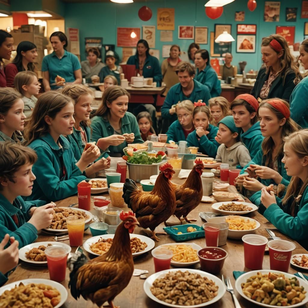 Hen at Lunch Table in Cinematic Film Still