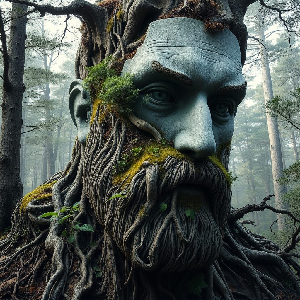 Gnarled Stone Head Transformed into Lush Landscape