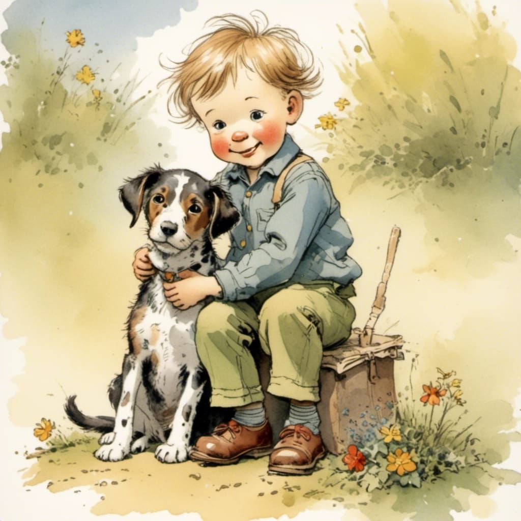 Toddler and Dog Illustration in Whimsical Style