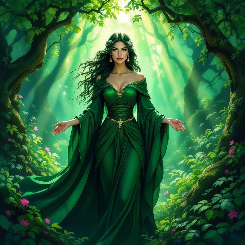 Emerald Enchantress in Mystical Forest, Renaissance Style