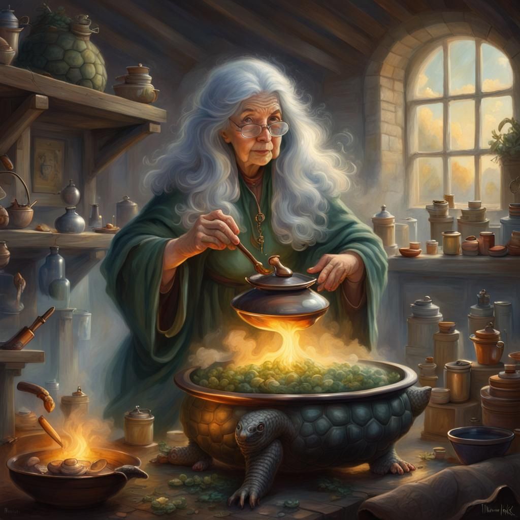 Old Witch Cooks Potion in Turtle Pot