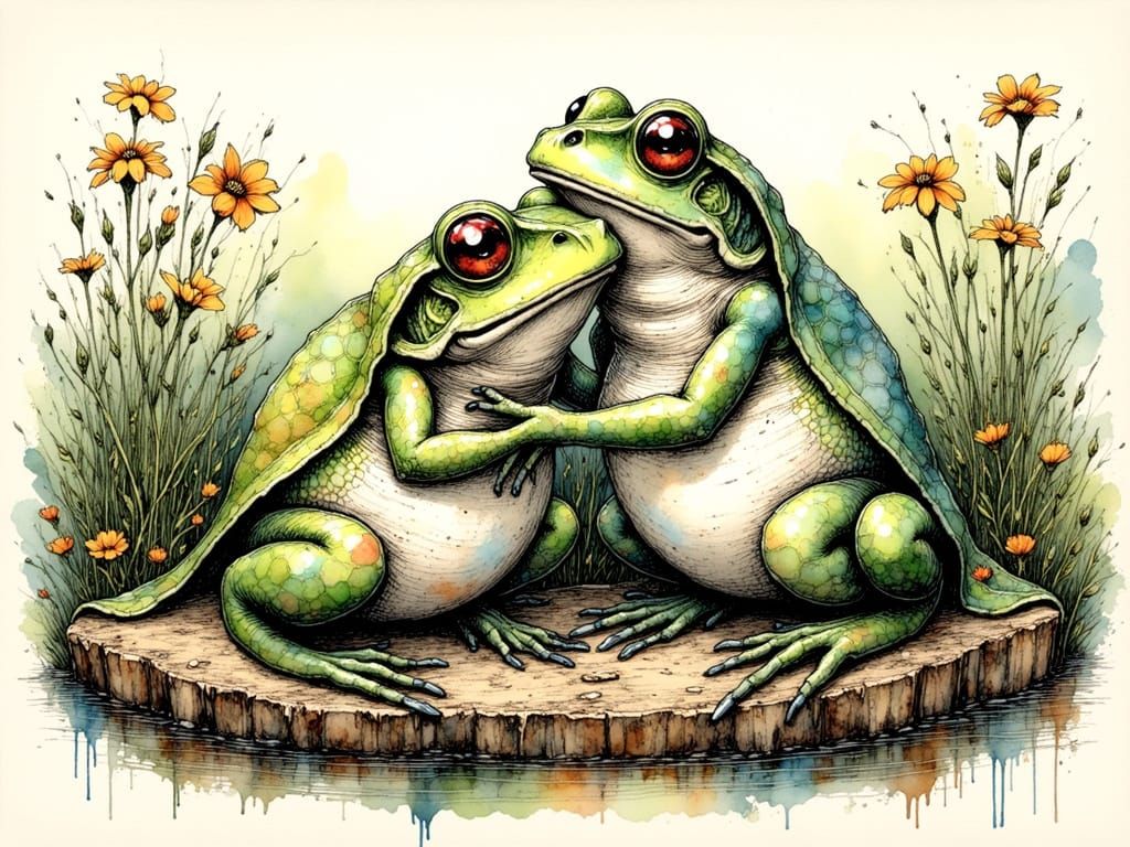 Frogs in Love: An Ink Crosshatching Illustration
