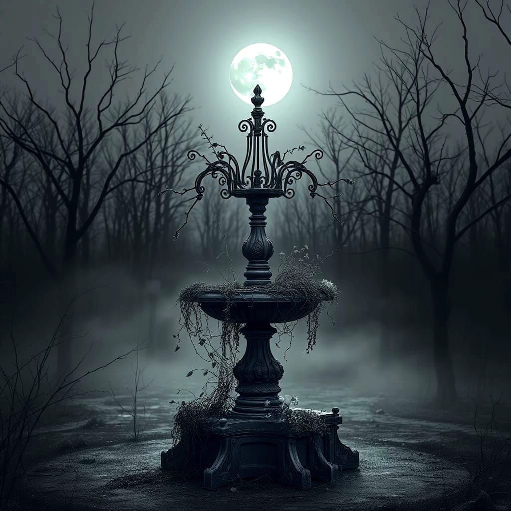 Eerie Abandoned Fountain Under Moonlight