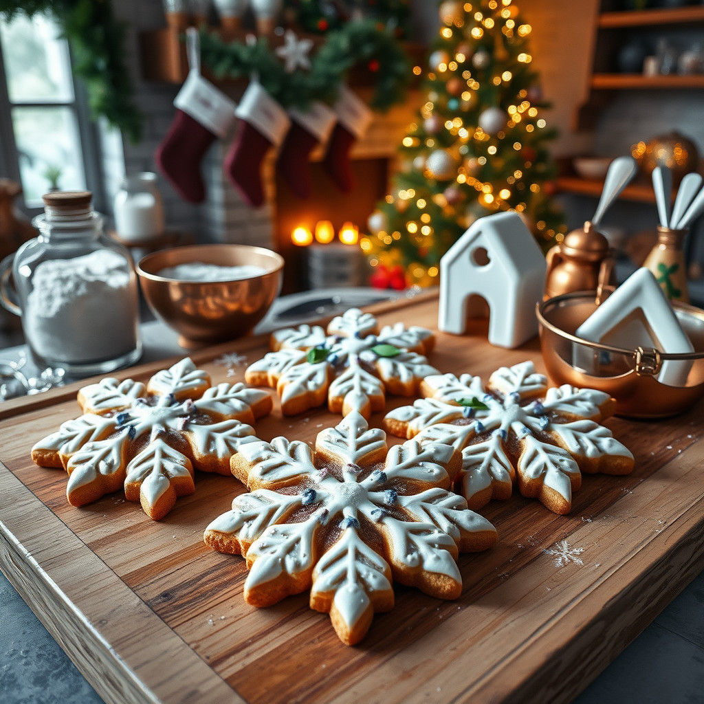 Festive Snowflake Cookies in Winter Kitchen Scene