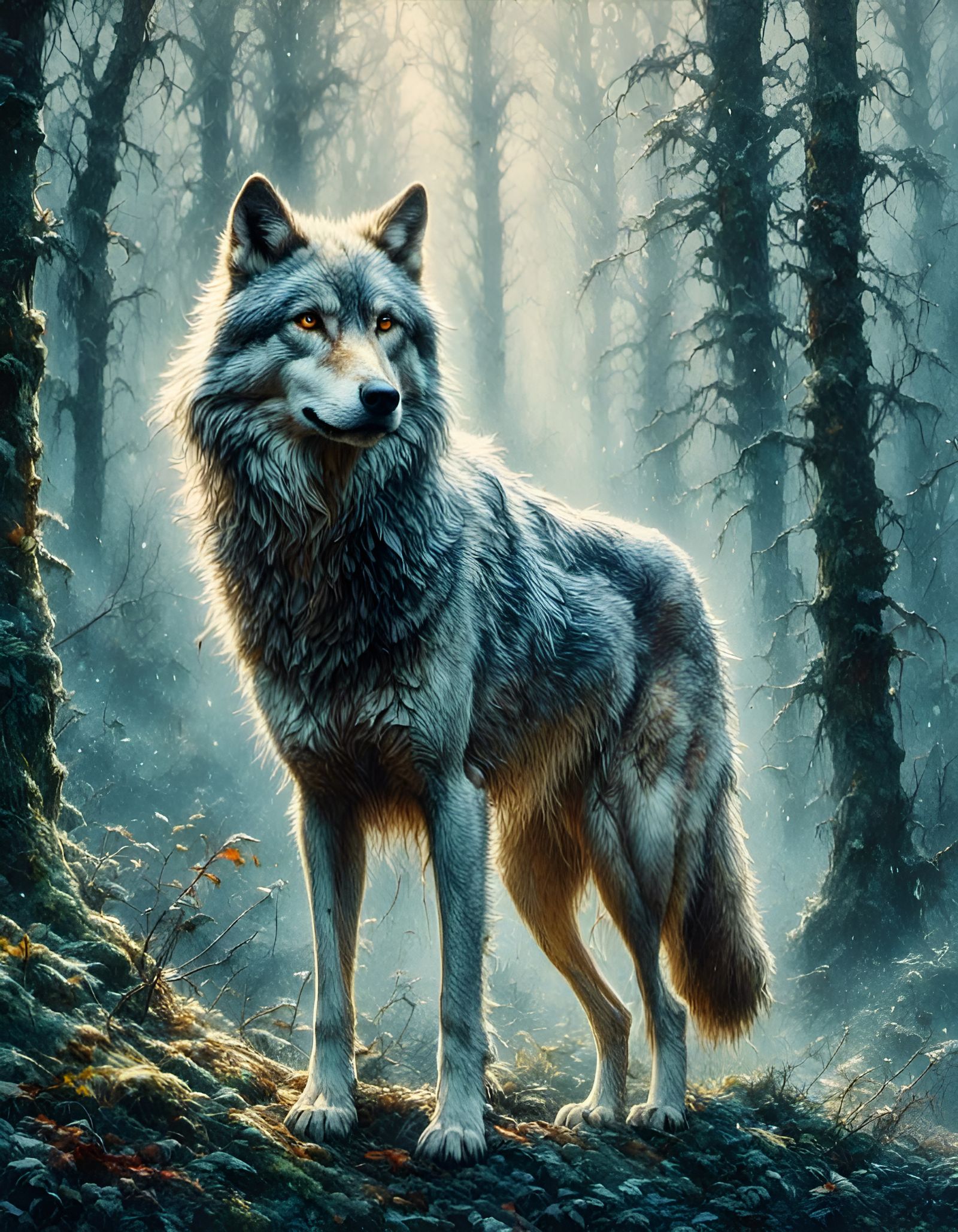 Mystical Forest with Wolf in Graffiti Art Style