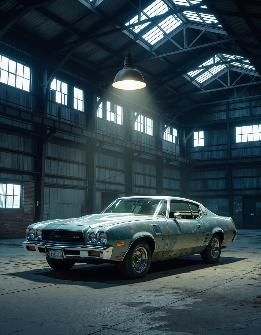 Abandoned 1980s Muscle Car in Dusty Warehouse