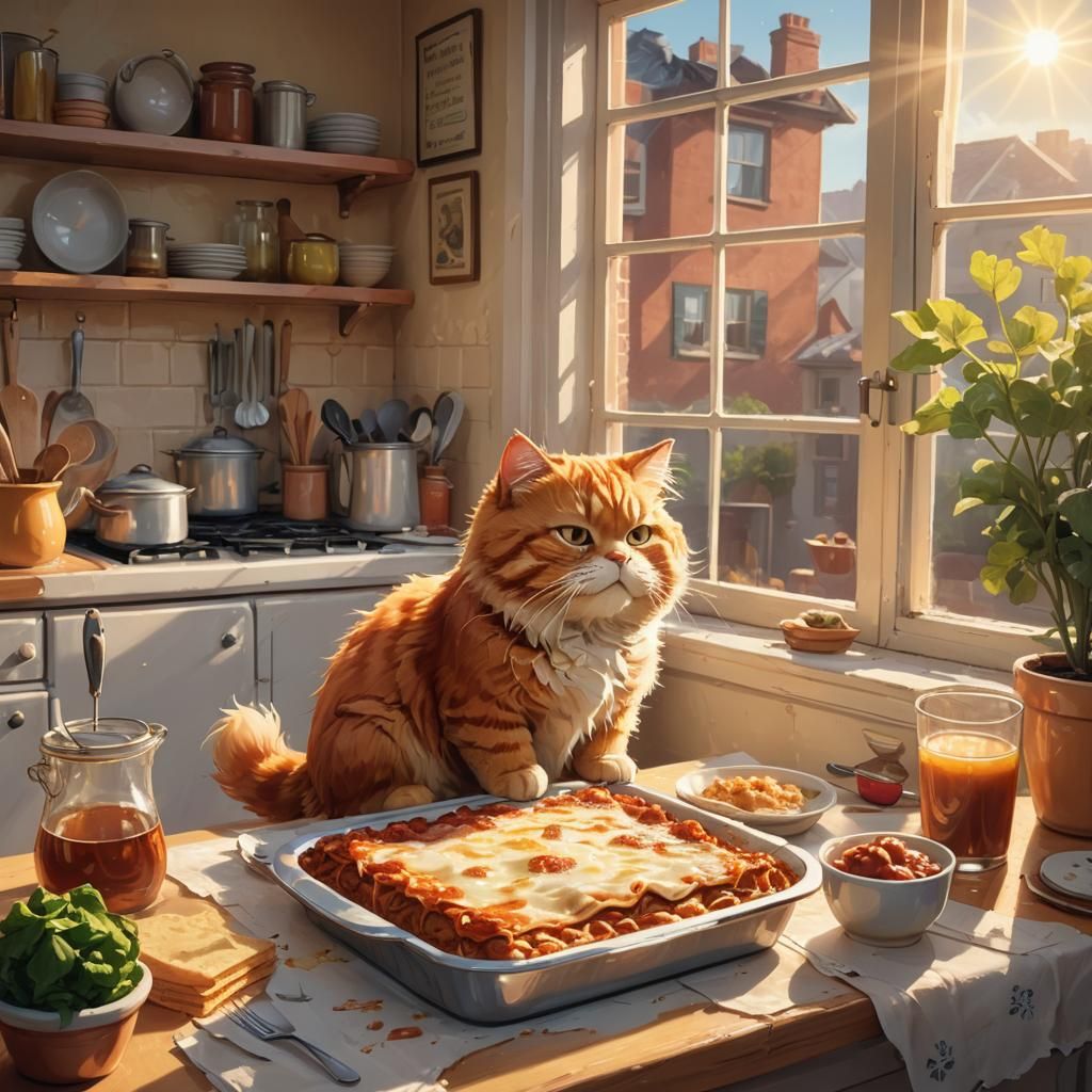 Garfield's Lasagna Feast in a Cozy Kitchen