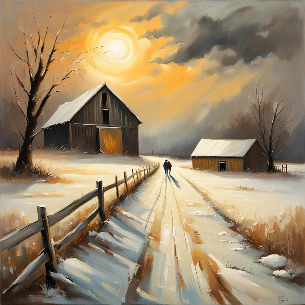 Snowy Lane to Dilapidated Barn: Fine Oil Painting