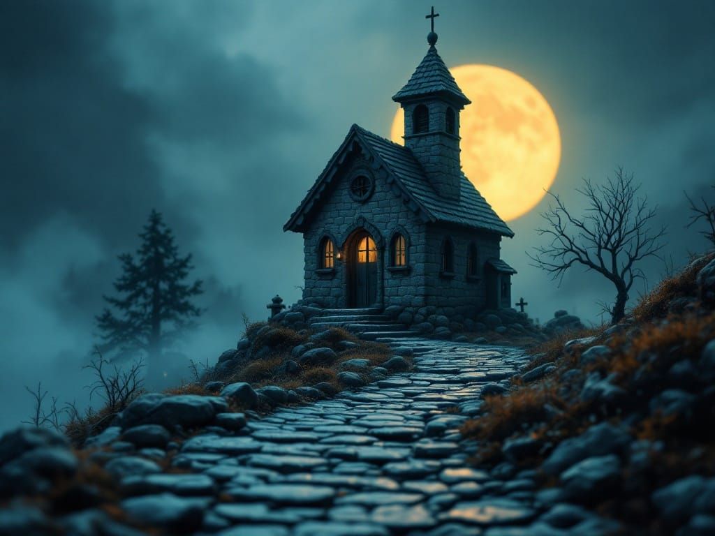 Whimsical Mysterious Library Under Moonlit Fog