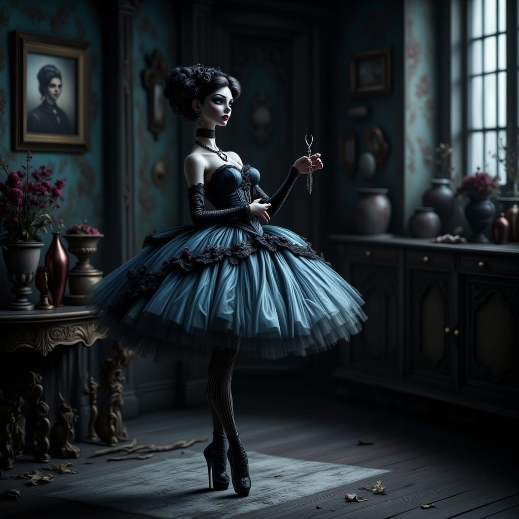 Gothic Ballerina Doll in Dimly Lit Abandoned Room