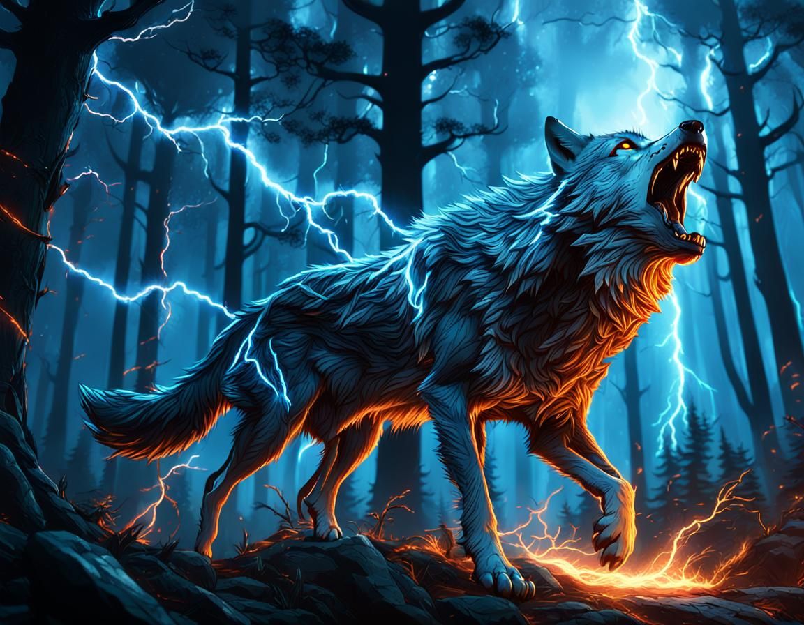 Epic Storm Wolf Conquers Mystical Realm in Electric Splendor