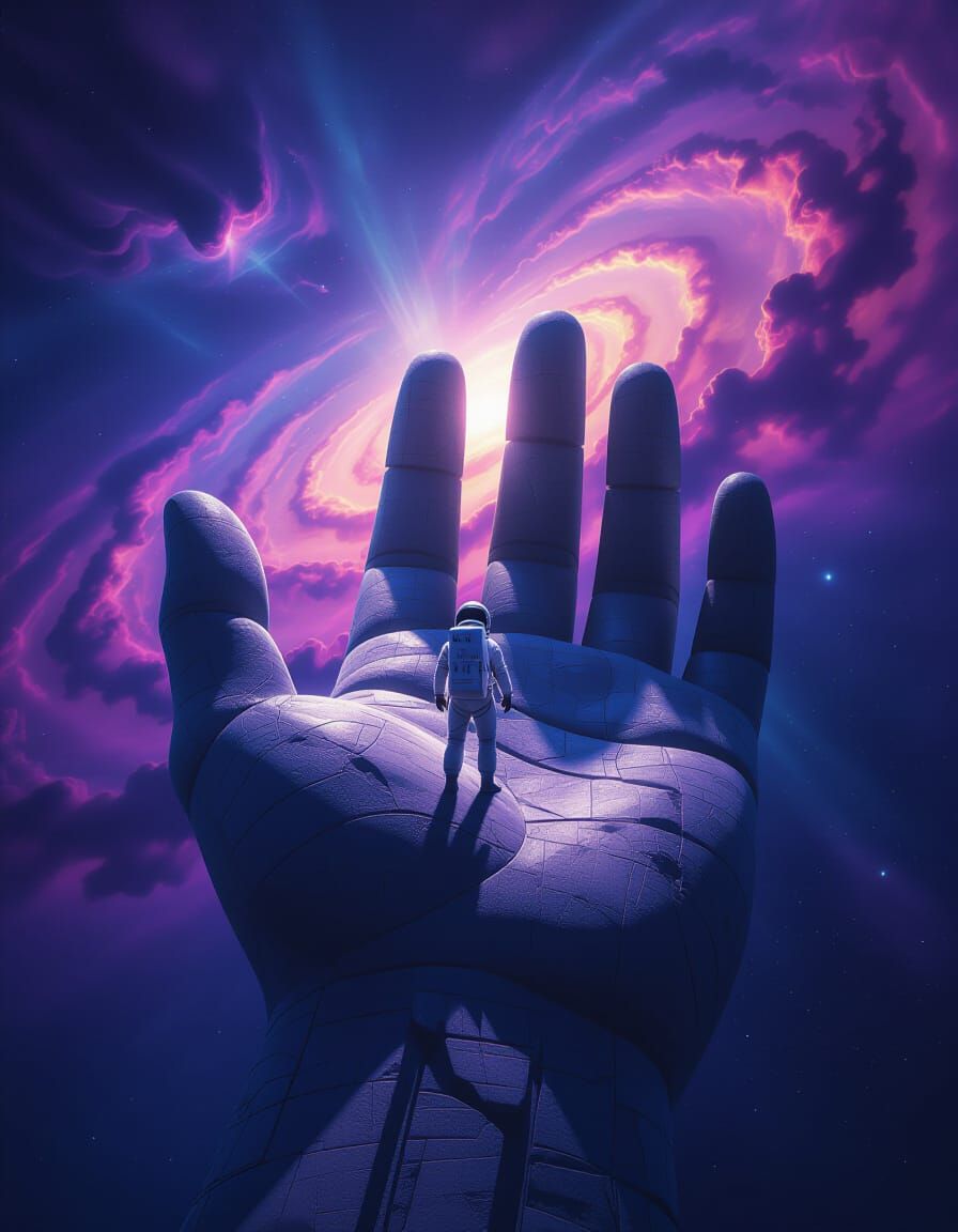 Astronaut on Giant Hand in Cosmic Nebula