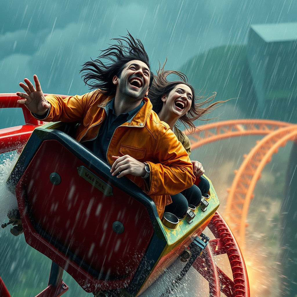Couple Ride Roller Coaster in Torrential Rain