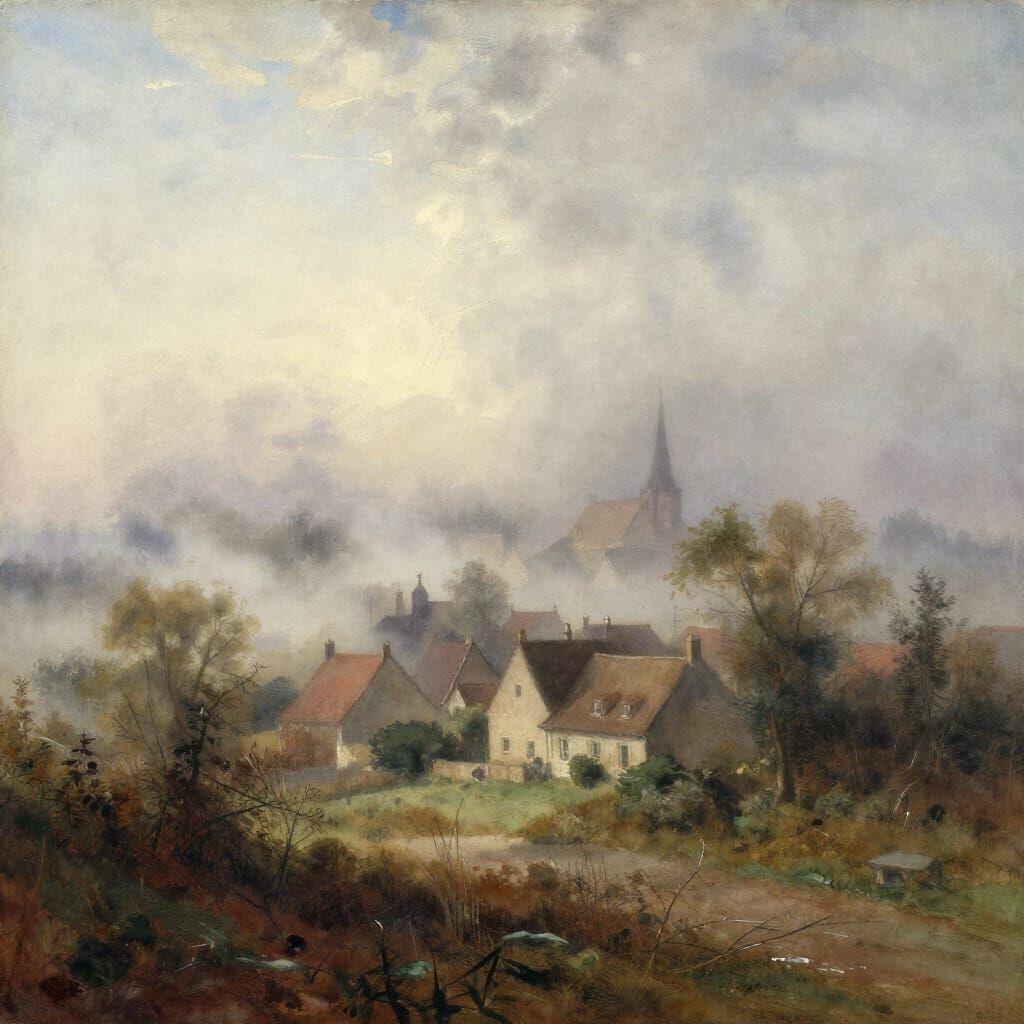 19th Century Watercolour of Misty Village Landscape
