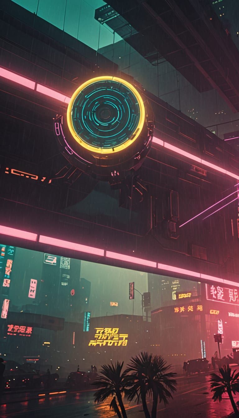 Epic Cyberpunk Film Still in Neon-Lit Urban Landscape