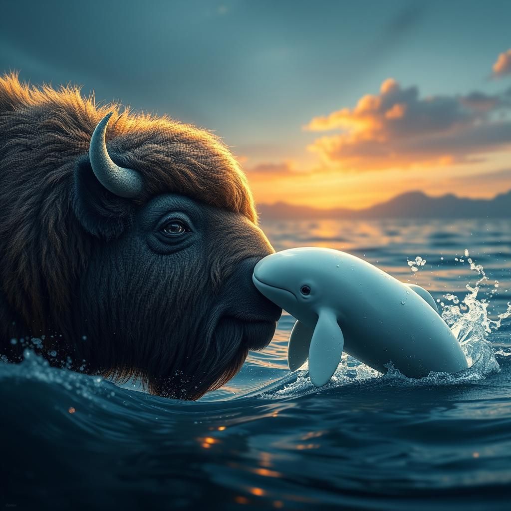 Baby Bison and Beluga Whale Play: Fantasy Art