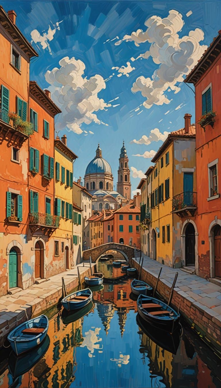 Impasto Oil Painting of Italian Town Beside Serene River
