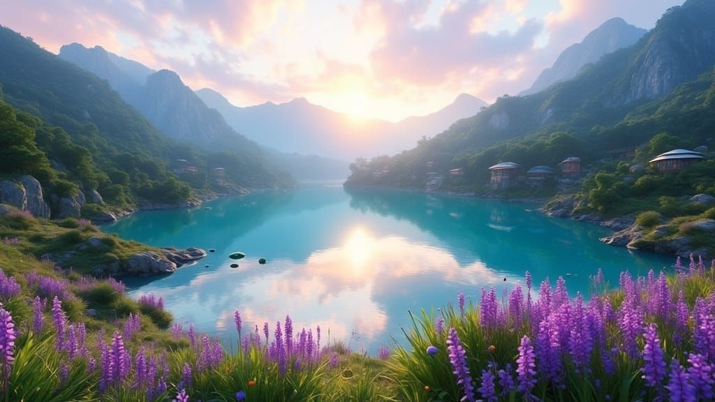 Vibrant Valley Oasis with Purple Blooms