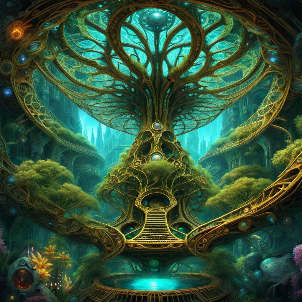 Filigree Tree with Alien Creatures in Abstract Landscape