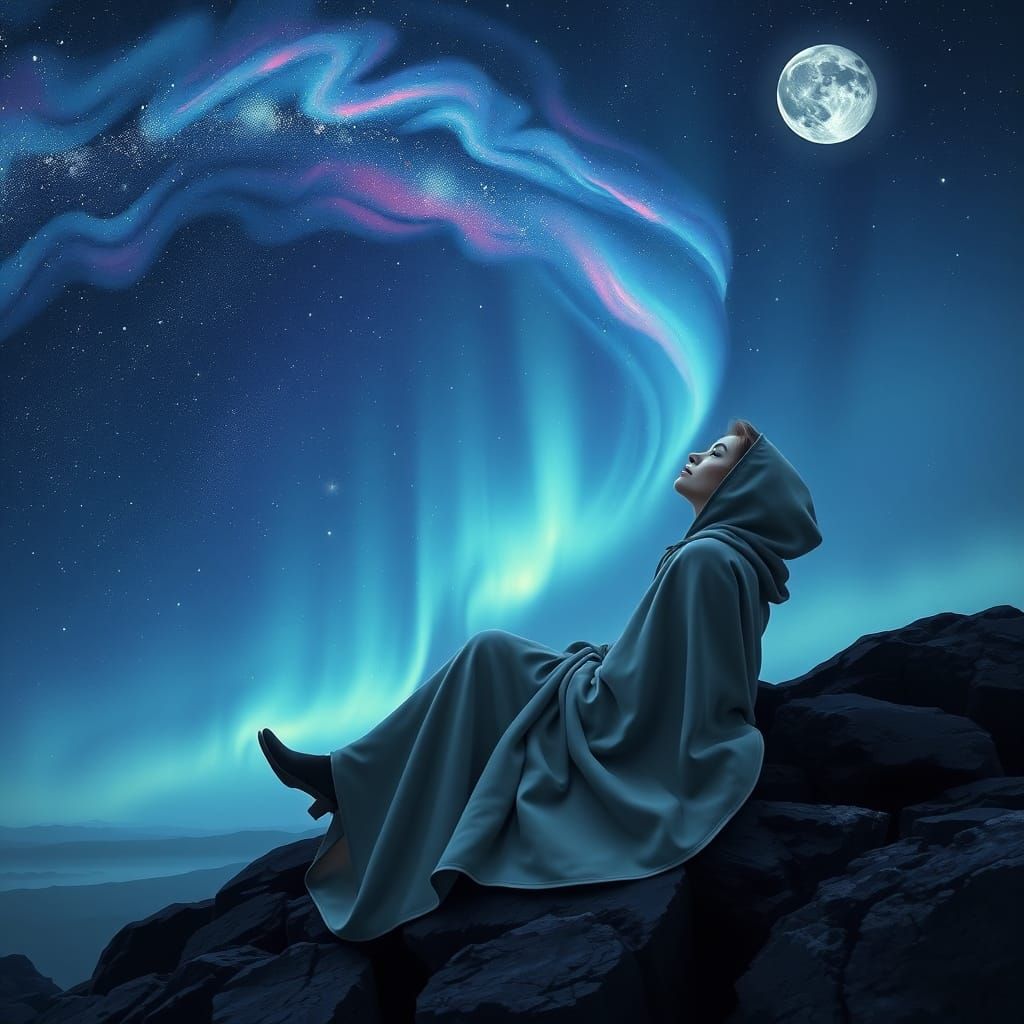 Ethereal Woman Gazing at Celestial Canvas in Dreamy Nocturne