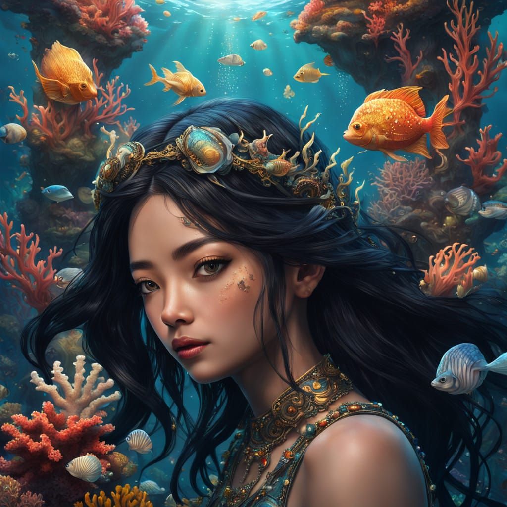 Underwater Mermaid Reflects in Coral Mirror amidst Sunset Oc...