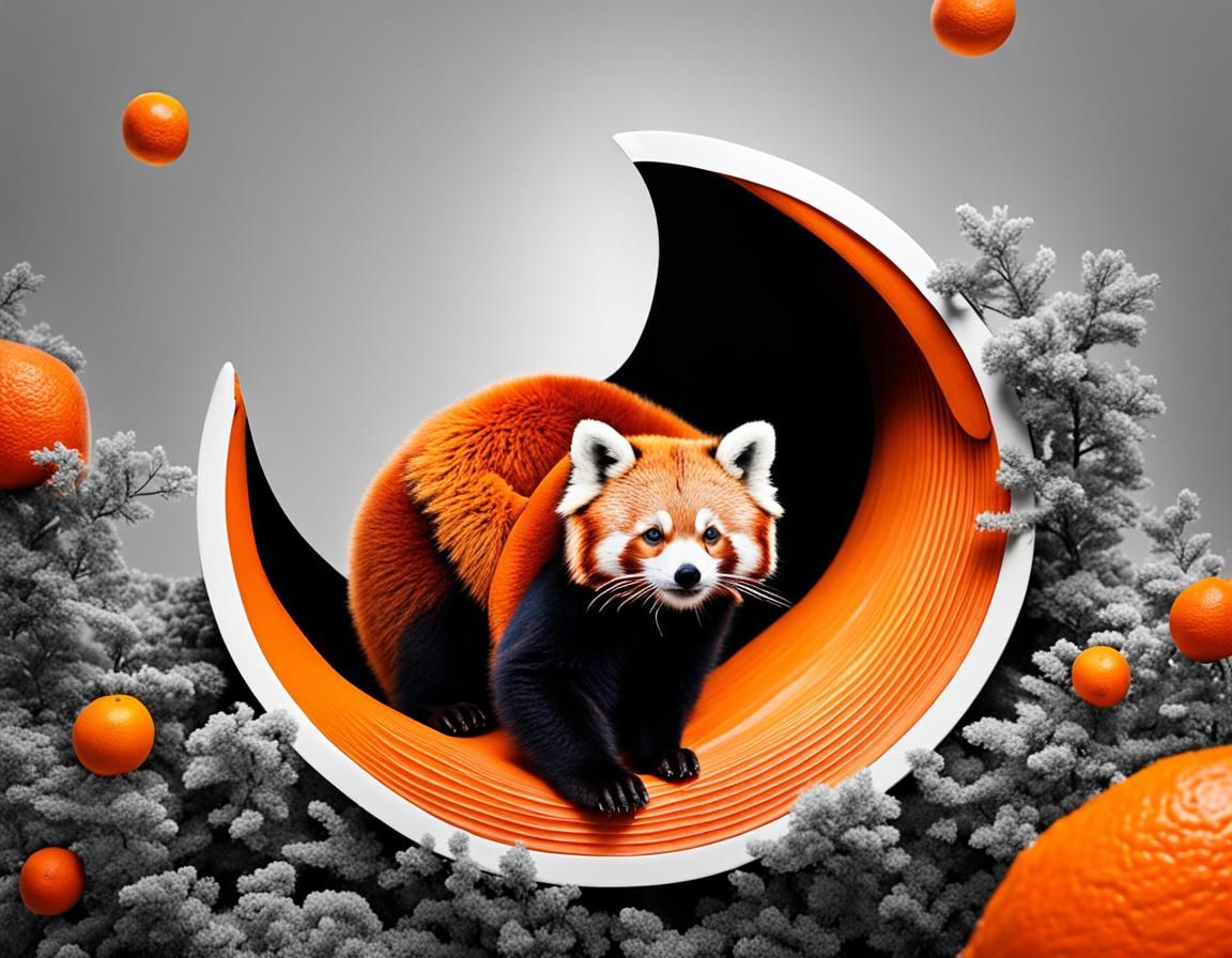 Surreal Red Panda Emerging from Orange Half