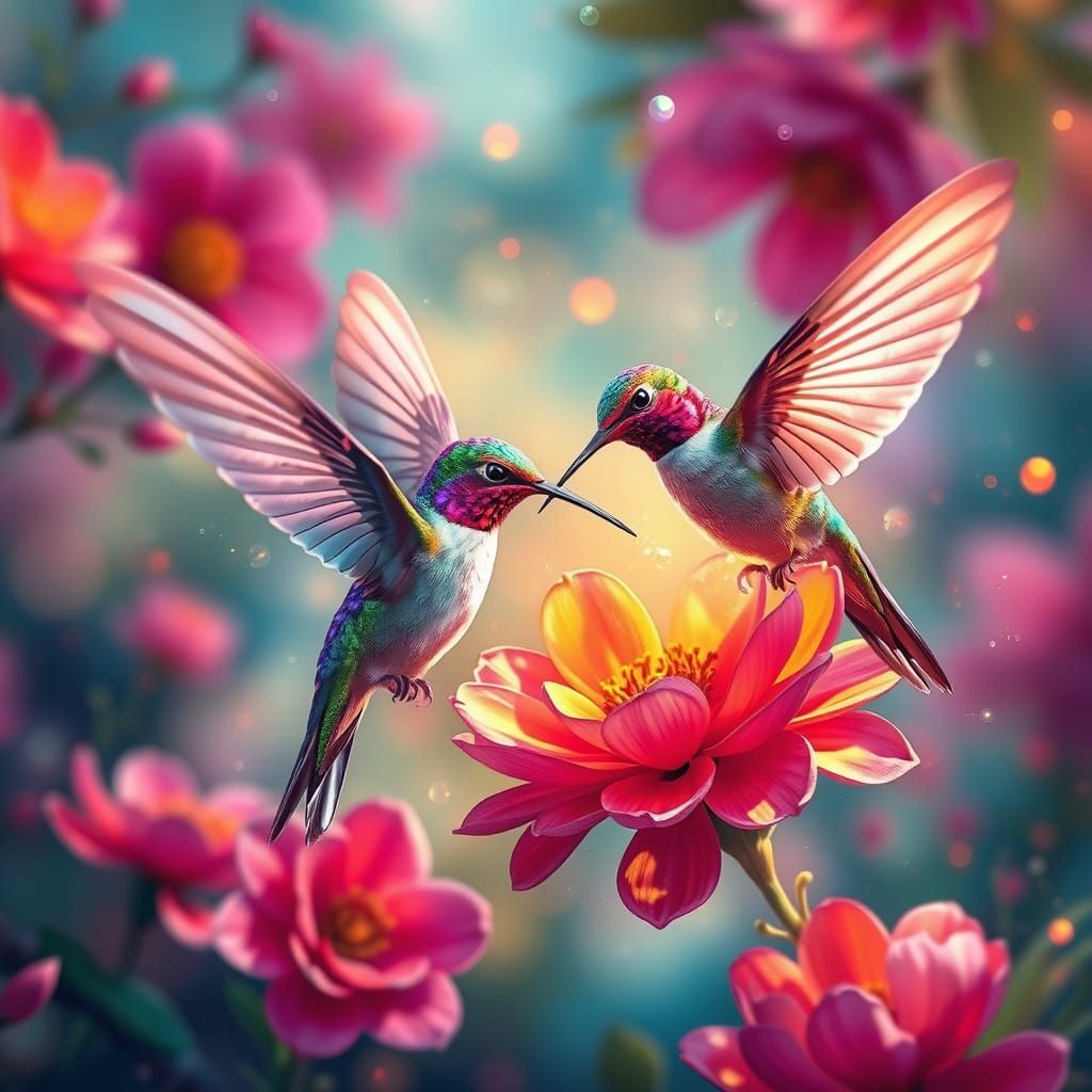 Vibrant Hummingbirds Dance in Mid-Air, Creating Whirlwinds o...