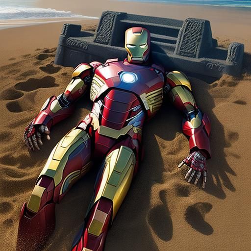 Iron Man Buried in Sand: Comic Book Art