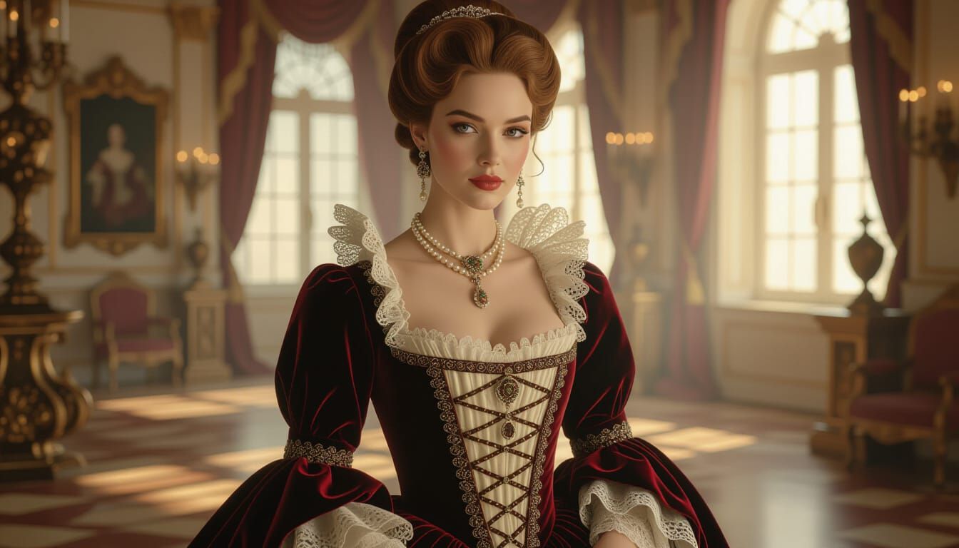 Realistic 1650s Woman in Baroque Interior