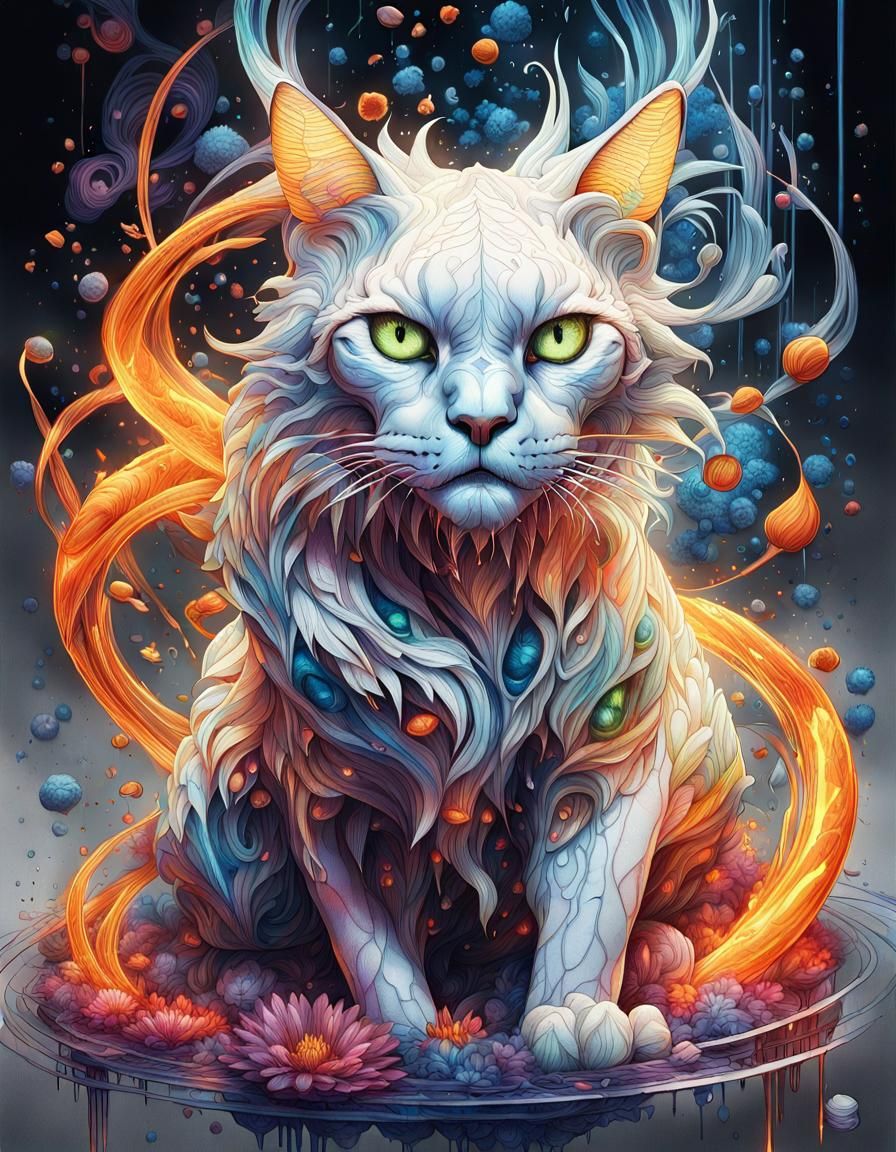 Burning Liquid Flowers and Atoms: Detailed Pen Drawing