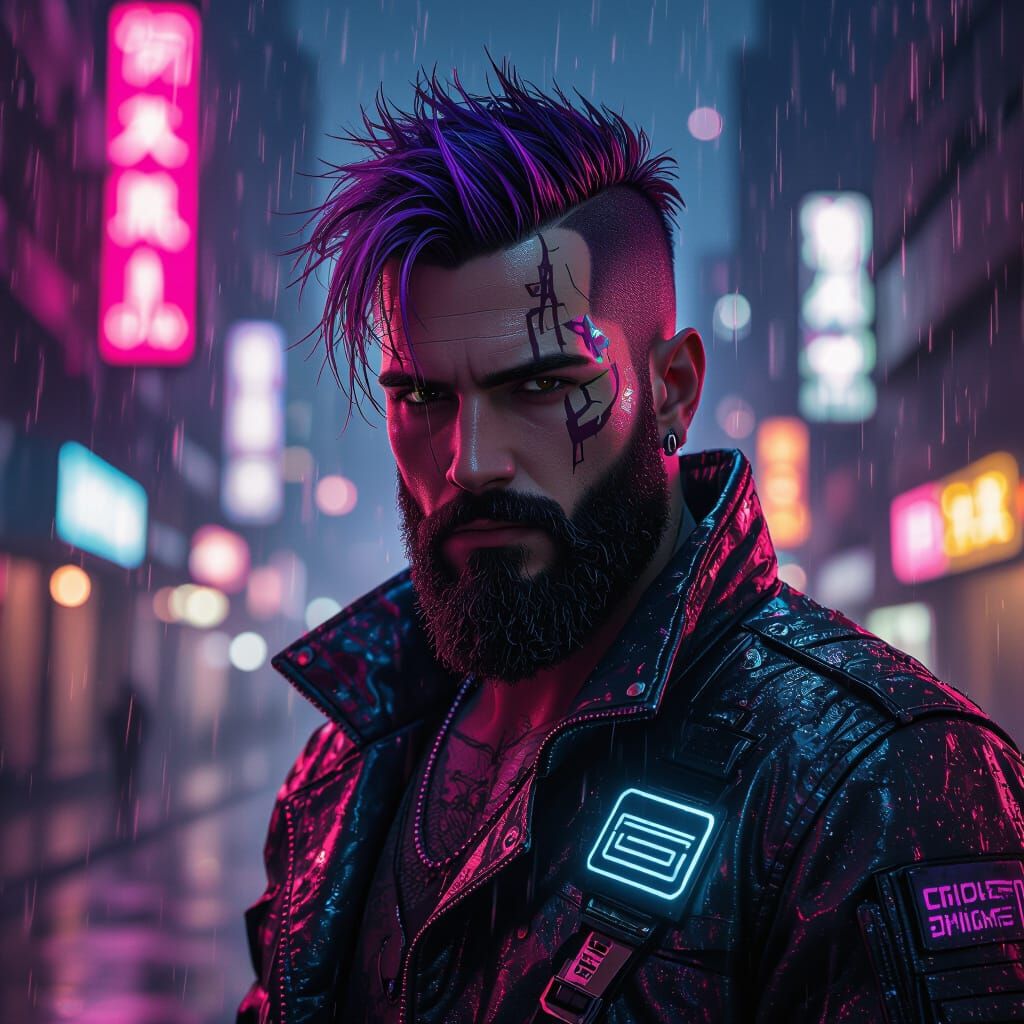 Cyberpunk Celebrity with Neon Hair and Beard in Neon City