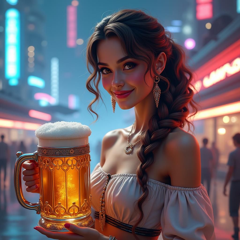 Futuristic Space Lady Enjoying Beer, Digital Matte Painting