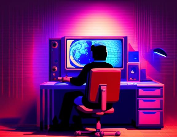 Hacker on Z80 Computer in Cyberpunk Style