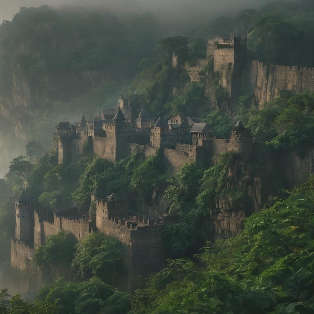 Mystical Cityscape Fortress Protecting Jungle