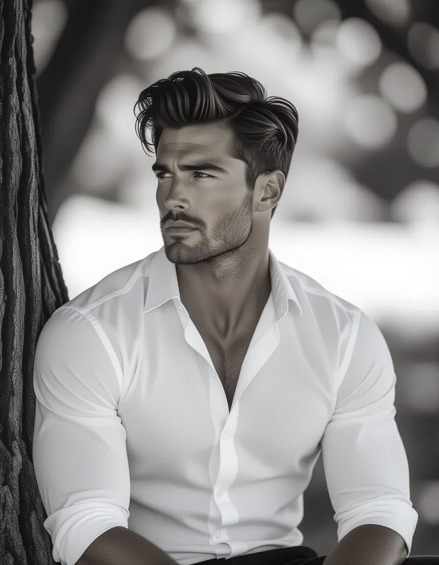 Contemplative Man in Nature: Photorealistic Portrait