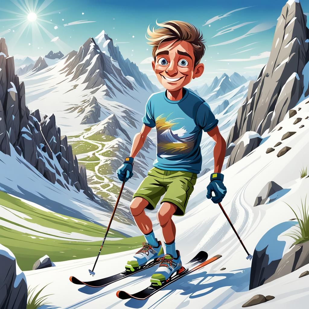 Cartoon Skier on Patchy Summer Snow