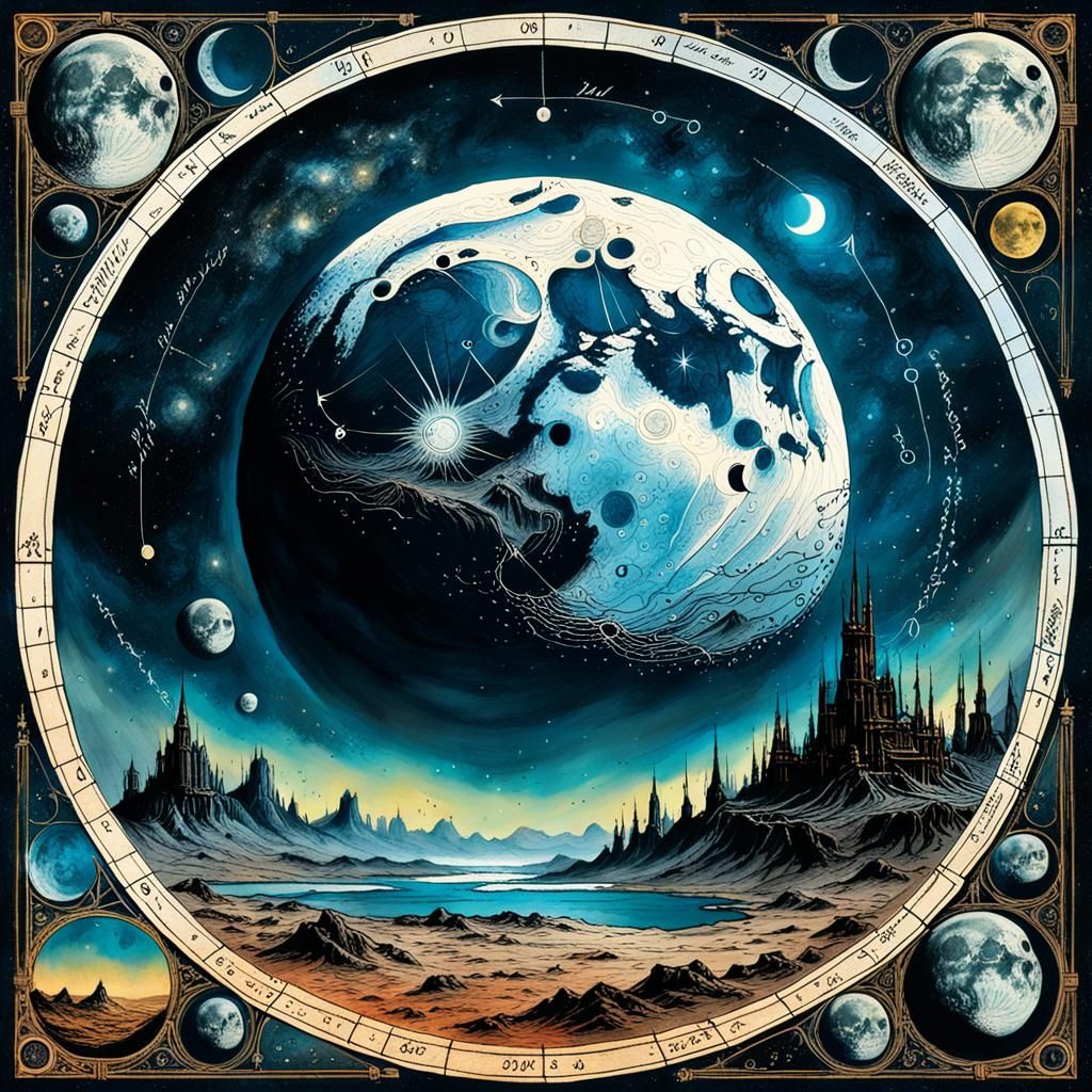 Fantasy Moon Cycle Almanac Page in Mixed Media