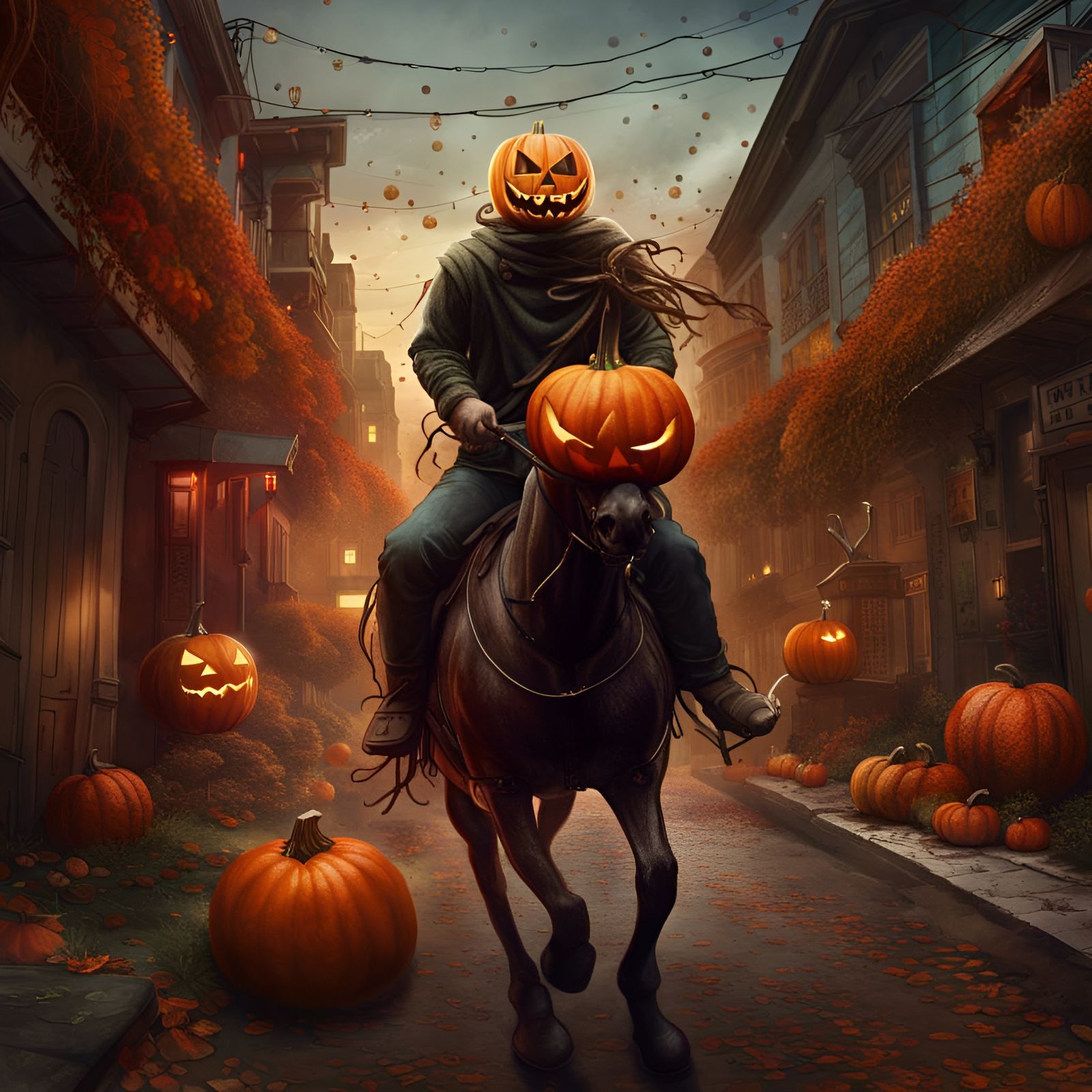 Pumpkin Head Horseman Rides Through Haunted Street