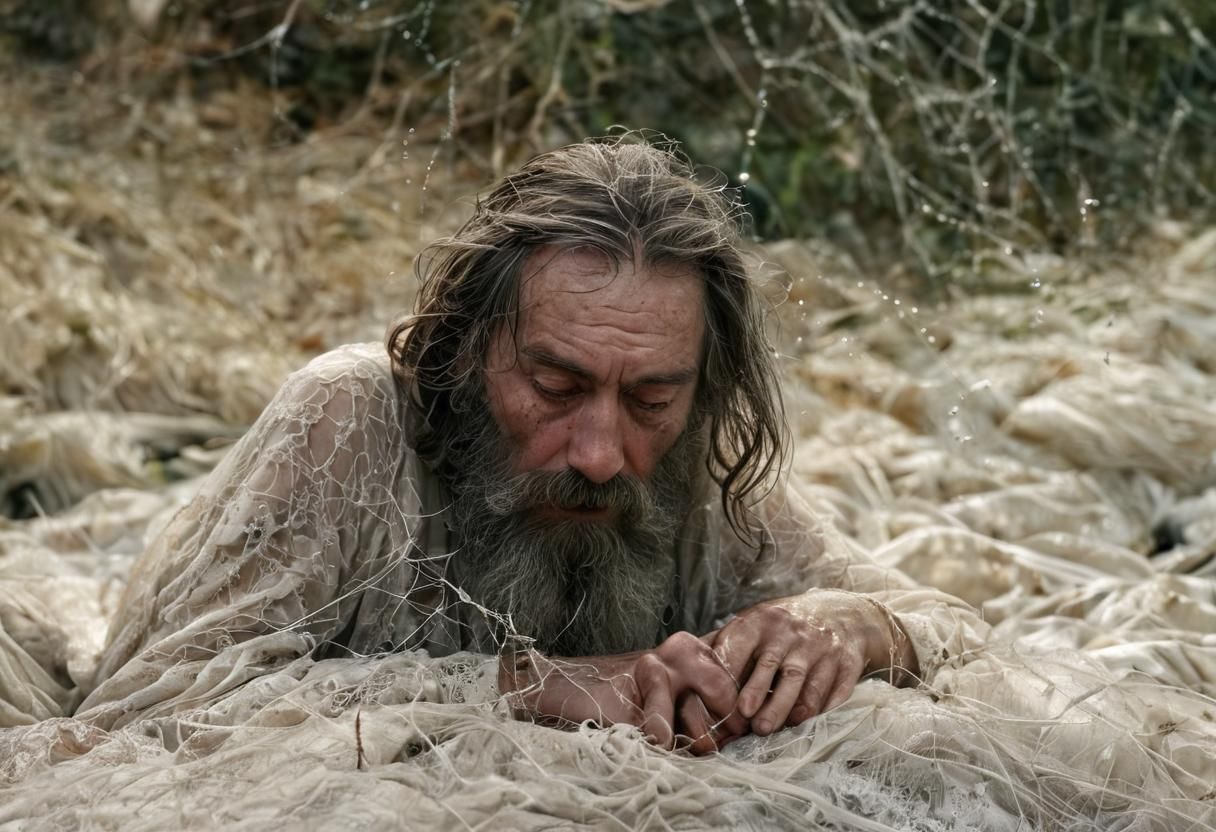 Man in Spiderweb Dress: Dark Psychological Portrait