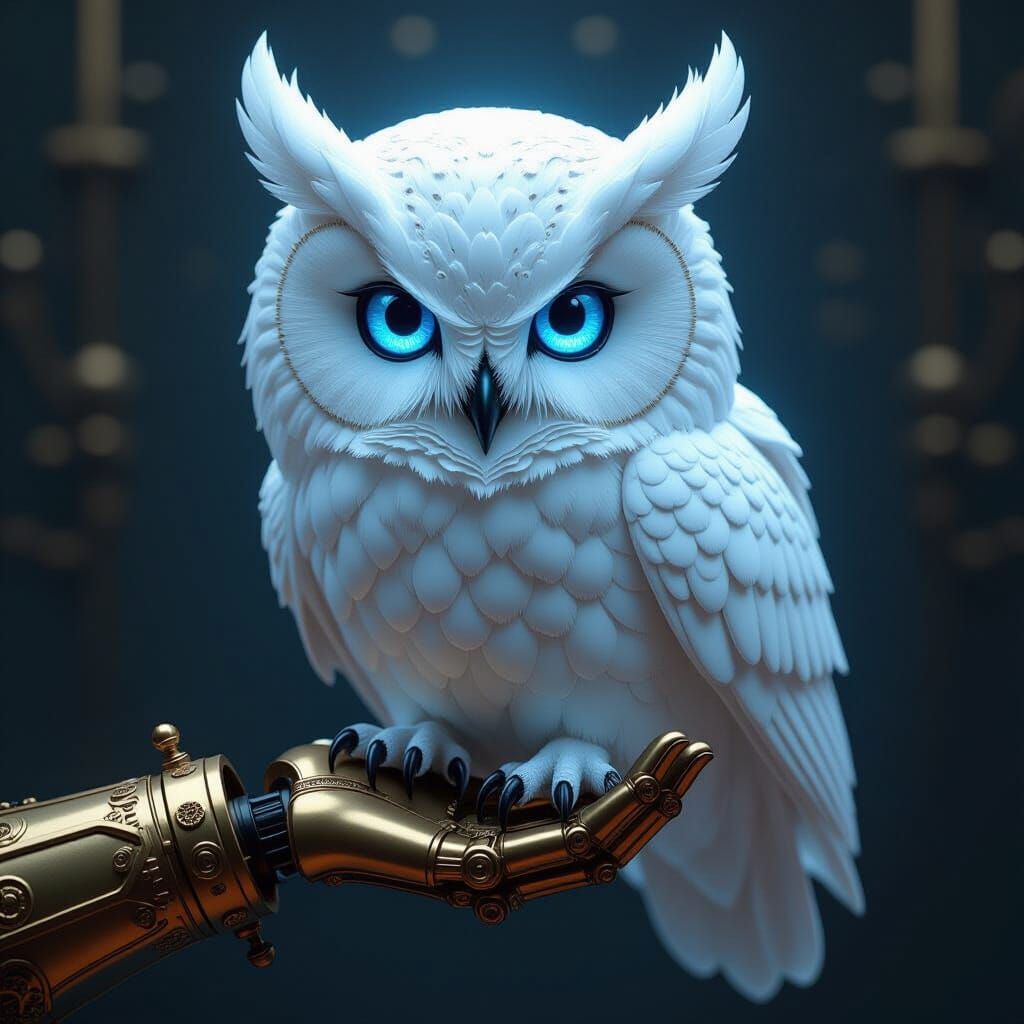 Steampunk Owl Perched on Automaton Arm