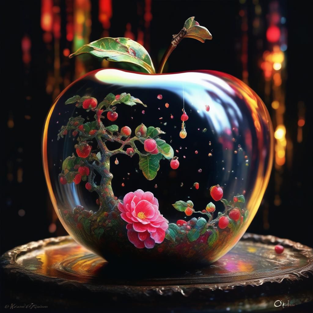 Camellia Fairy in Glass Apple, Pointillism Style