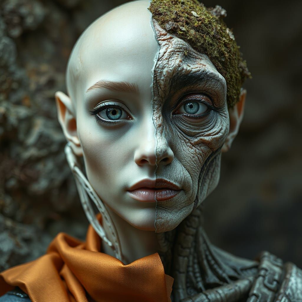 Dual Nature Alien Woman Portrait in Hyperrealistic 3D