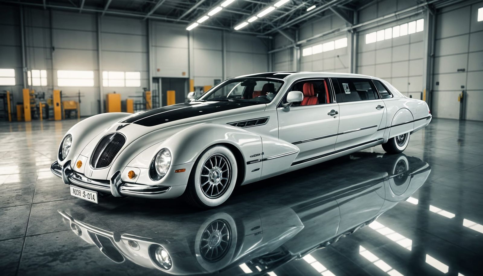 Sleek Futuristic Limousine in a Modern Hangar