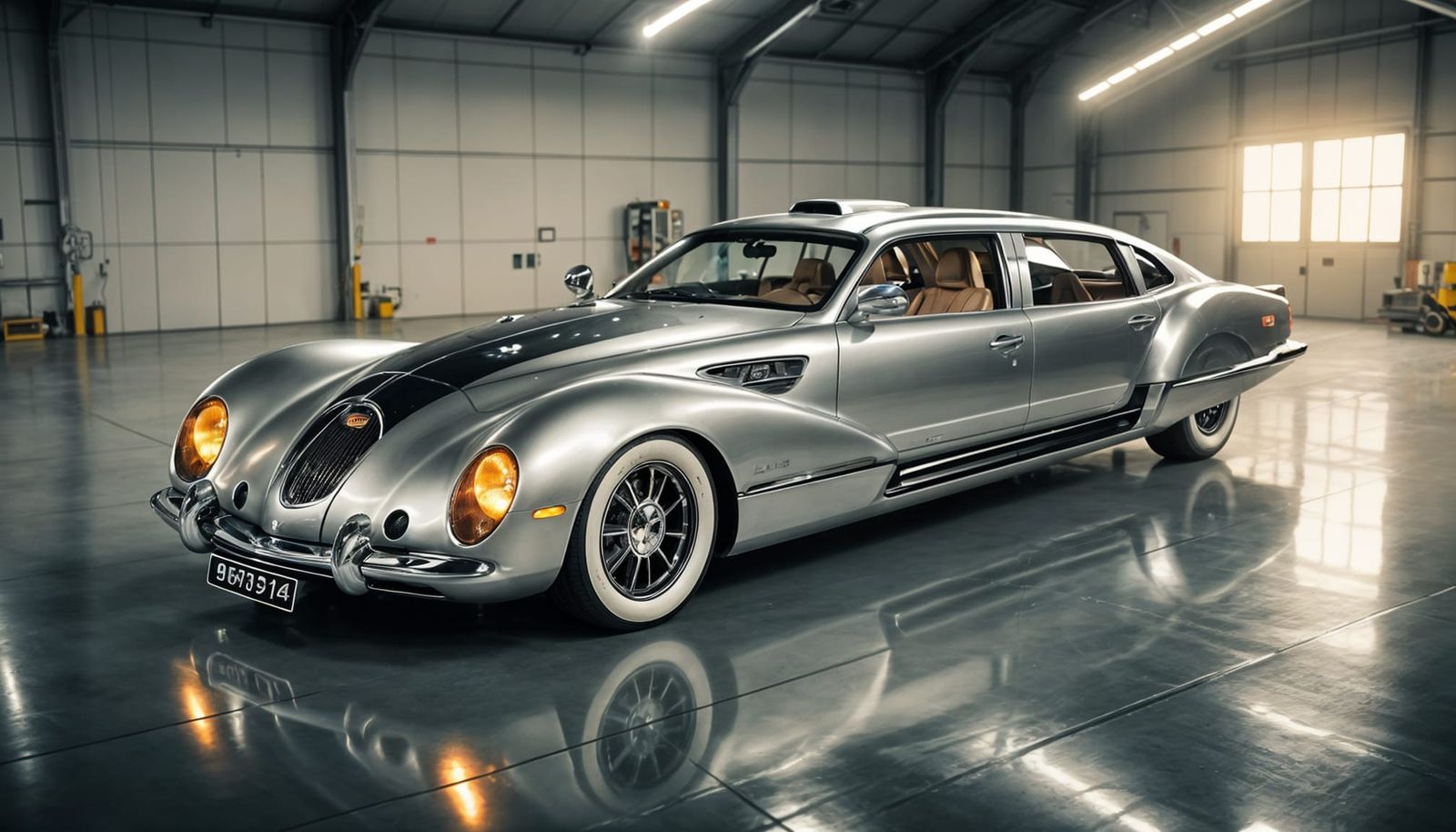 Luxurious Futuristic Limousine in a Spacious Hangar